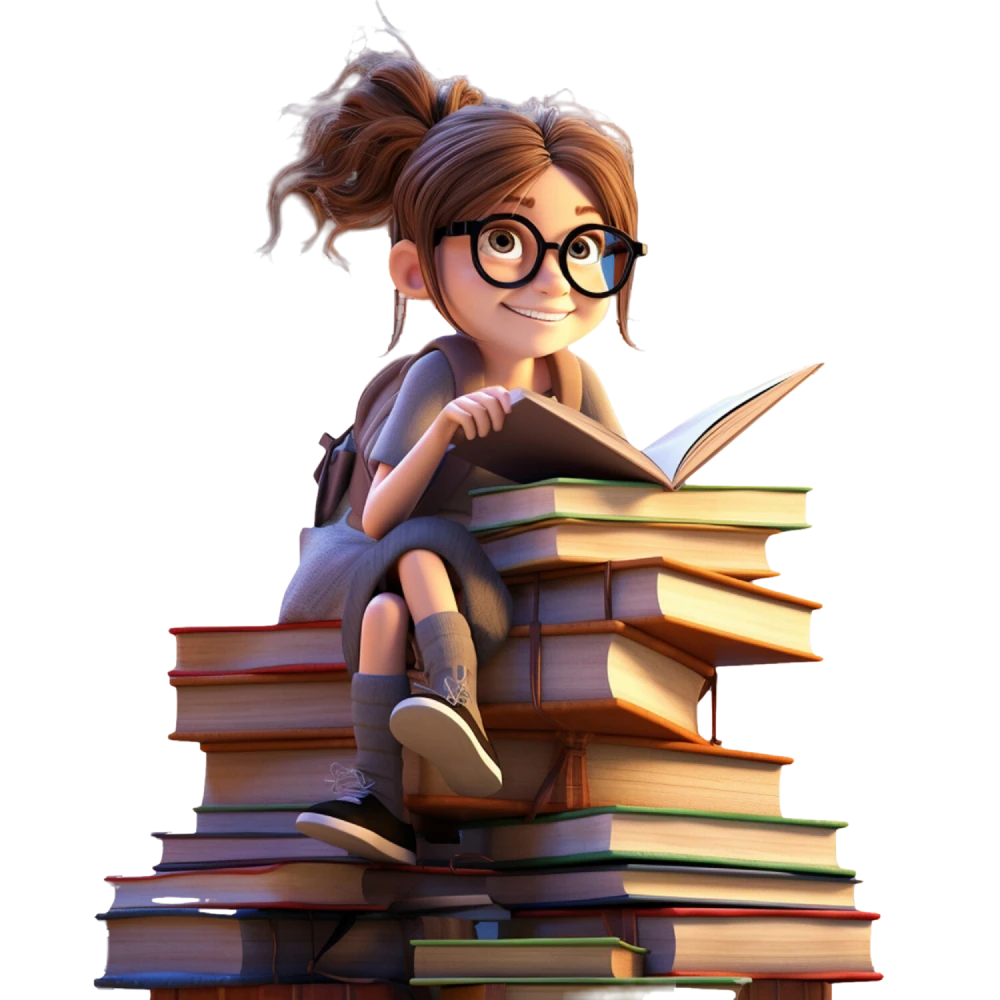 Girl reading while sitting on many books