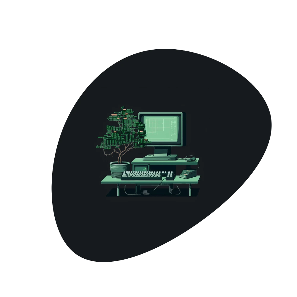 Desk with pixelated bonsai